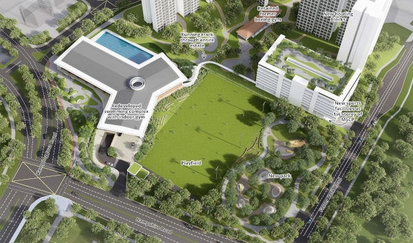 Aerial view of a community with a swimming pool, park, playfield, and housing blocks.